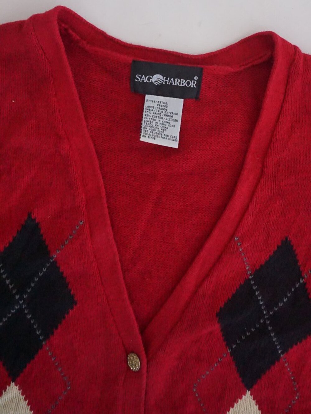 Vintage Sag Harbor Red Argyle Diamond Button V Neck Ribbed Knit Sweater Vest L - Picture 4 of 9